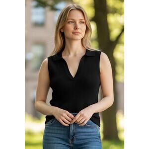 H Halston Ribbed Knit Sleeveless Collared Top Black Medium V-Neck Minimalist NWT